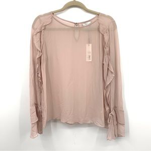 Lucky Brand Women Medium Blouse Long Sleeve Top Pink Sheer Ruffle Bell Sleeve